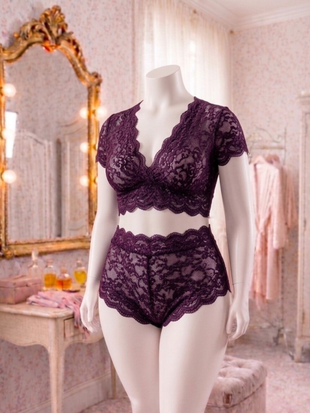 Avidlove Floral Lace Scallop Trim Lingerie Set – Size 14W DARK PURPLE
